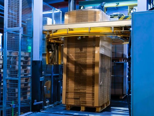 A blue stretch wrapping machine with a steel cage in the middle of wrapping a tall pallet of corrugated cardboard.