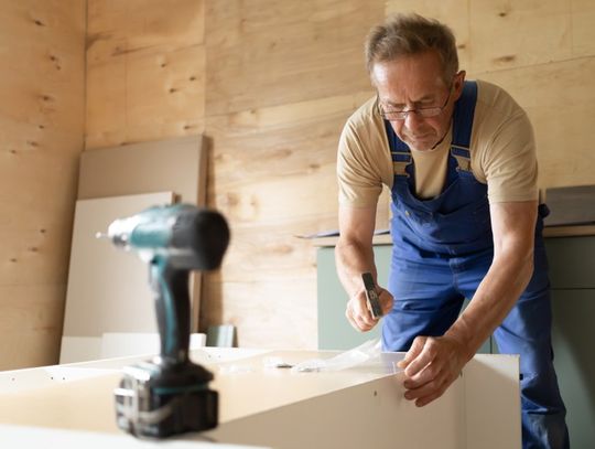 An older male in a tan shirt and denim overalls assembling a wooden piece of furniture in a workshop.