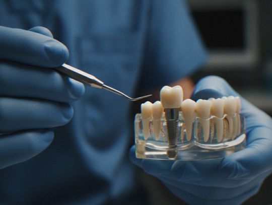 Blue-gloved dental professional holds a model of teeth with a dental implant while pointing at it with a metal tool.