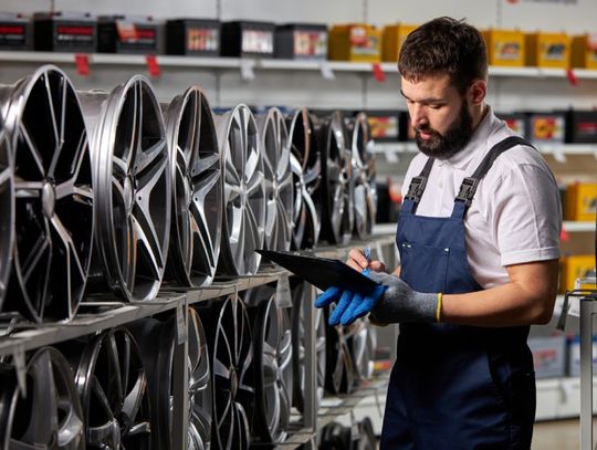 An employee at an auto parts store writing on a clipboard while standing in front of a huge shelf full of car rims.