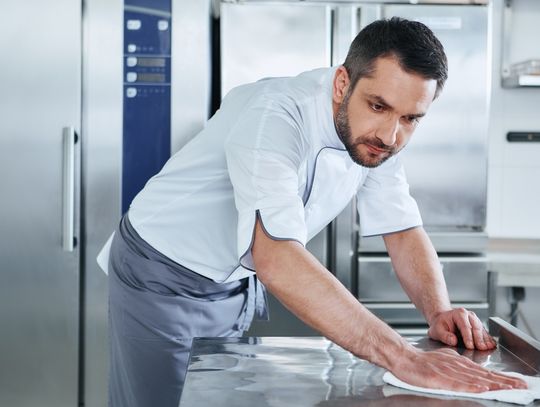 Chef wipes down a stainless steel prep table with a cloth inside a clean, professional commercial kitchen.