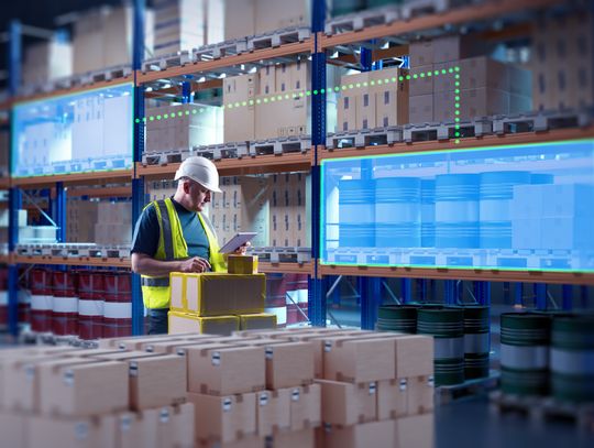A warehouse worker in a hard hat and yellow vest uses a tablet. Blue graphics cover the shelves of inventory.