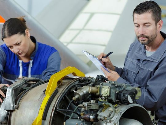 A woman grasps the exposed components of a machine while a man inspects them and writes notes on a clipboard.