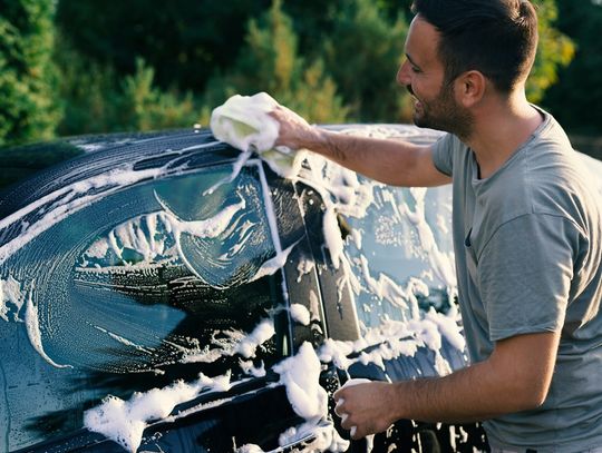 A smiling man in a gray shirt and jeans uses a soapy sponge to spread soap on a dark-colored vehicle.