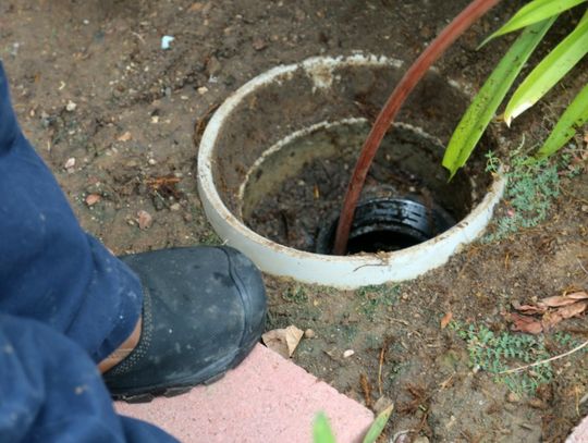 A person in blue pants standing beside an open outdoor drain pipe with a red sewer snake extending inside.
