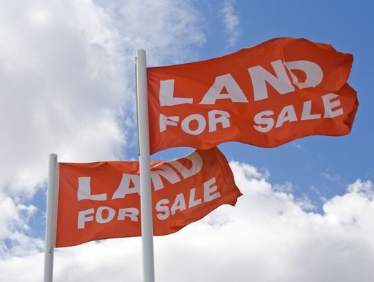 Two red flags on white poles waving against a blue sky with large white clouds behind them. They both say "land for sale."