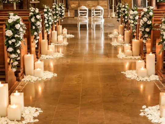 A candlelit wedding aisle lined with white floral arrangements, rose petals, and wooden pews leading to an altar with chairs.