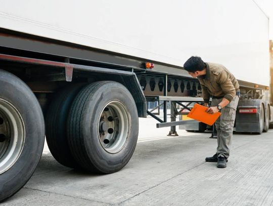 A man holding an orange clipboard while bending down to inspect the wheels and underside of a large white truck.