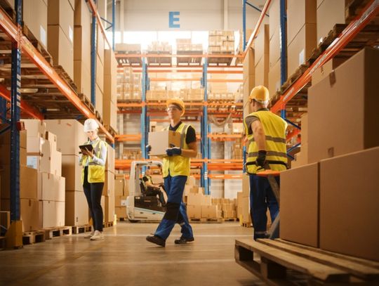 Three warehouse workers wearing hard hats and safety vests handling boxes and checking inventory between storage racks.