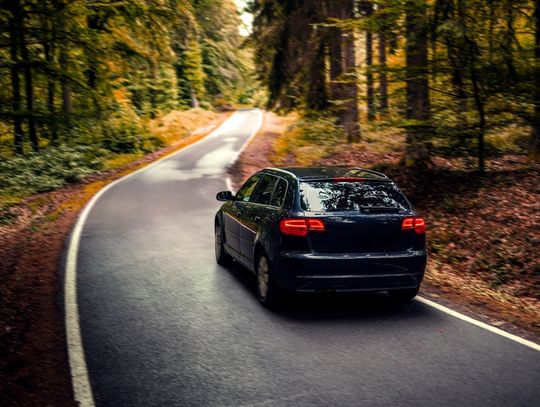 A dark blue car driving on the road during the daytime. The road stretches through a forest with many trees.