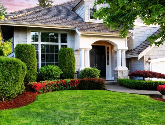 A landscaped front yard with manicured shrubs, red flowering plants, and a green lawn leading to a home entrance.