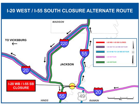 I-20 westbound/I-55 southbound to temporarily CLOSE in Jackson August 13