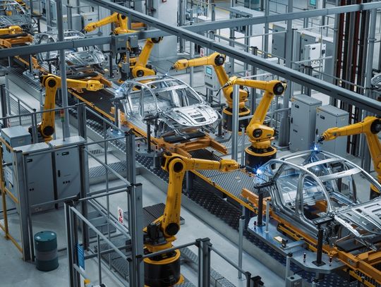 Overhead view of a factory where vehicle frames on a conveyor belt are being assembled by robotic arms.