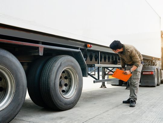 A man holding a clipboard leaning down to inspect the undercarriage of a semi-truck and its attached trailer.