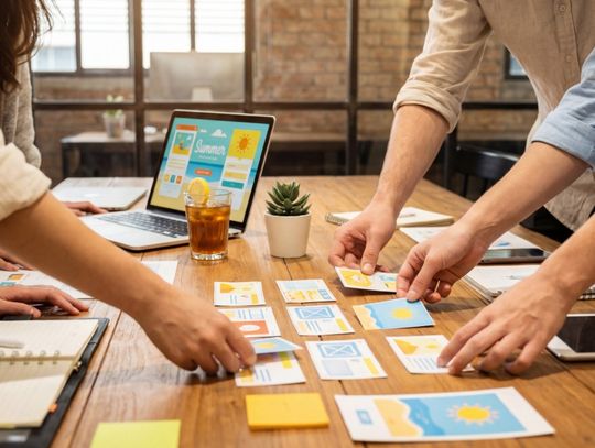 A group of business leaders stand over a work table as they discuss marketing strategy for after a sale.