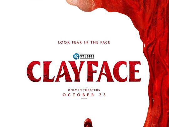 Movie poster for Clayface showing a man’s face half covered in red clay