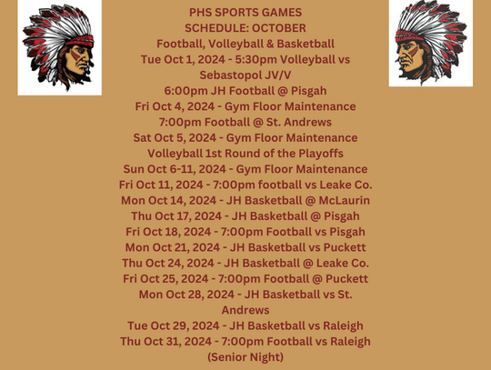 PHS SPORTS GAMES SCHEDULE: OCTOBER Football, Volleyball & Basketball