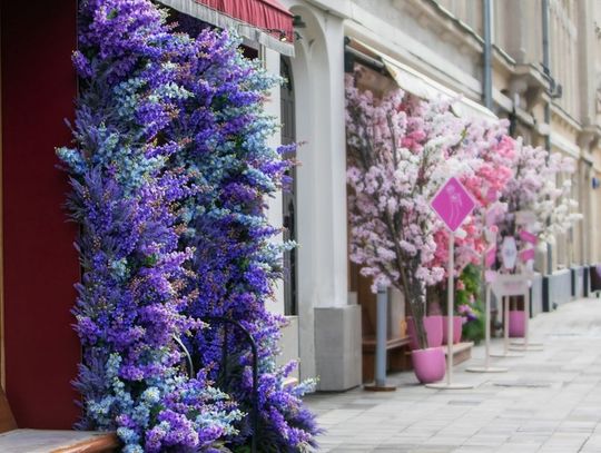 People walk past storefronts. Purple and blue flowers surround one doorway, and pink and white flowers surround the next.