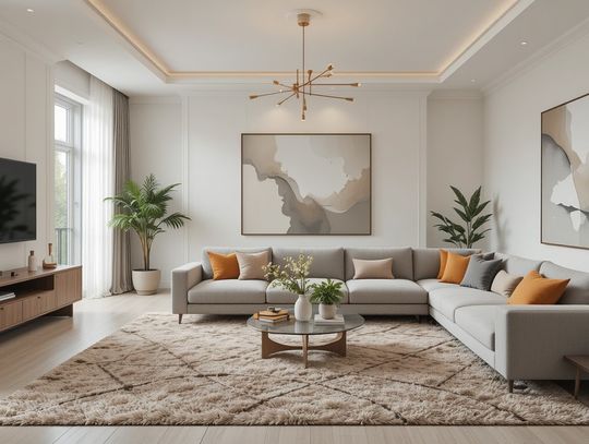 A living room features a gray sectional couch, a fuzzy rug, a round coffee table, artwork on the walls, and a television.