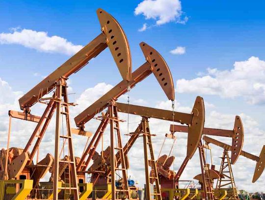 A panoramic view of oilfield equipment. There are five large oil derricks with storage tanks and pipelines near them.