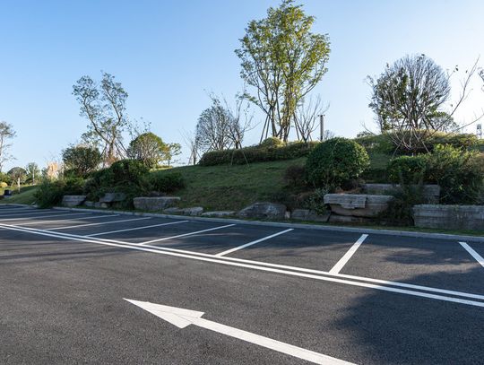 A black asphalt parking lot on a sunny day. The white line striping is fresh and crisp, and there are trees nearby.