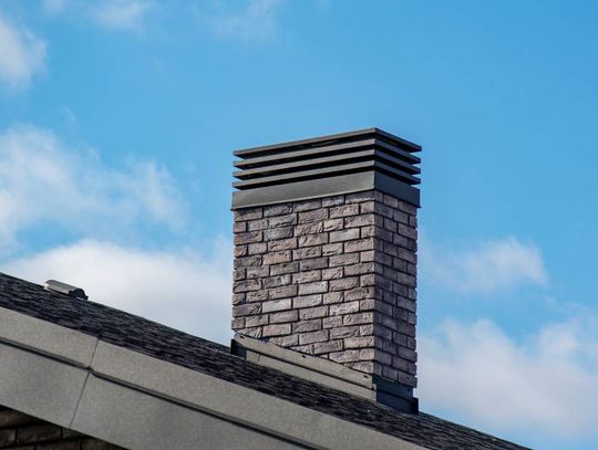 A brick chimney with a black custom cap above a shingled roof under a bright blue sky with soft clouds.