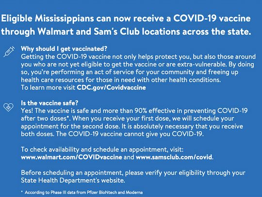 Walmart Pharmacies in Mississippi to Administer COVID-19 Vaccines Through New Federal Retail Pharmacy Program