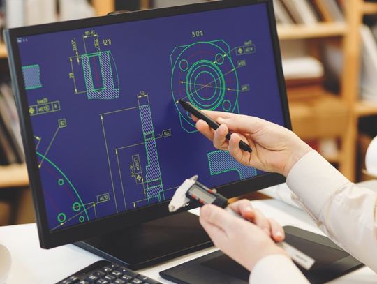 A pair of hands holds a stylus and a measuring tool while pointing to a CAD design displayed on a computer screen.