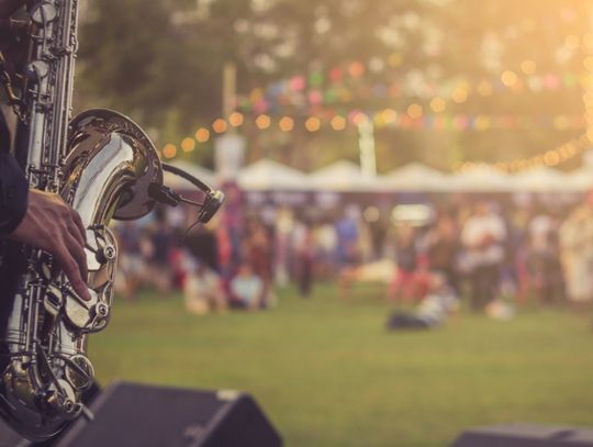 A saxophone player performs onstage as people gather across a grassy field during a sunny outdoor festival.