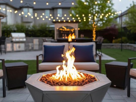 A backyard with a bonfire lit in the middle of some chairs. In the background is a grill and a patio.