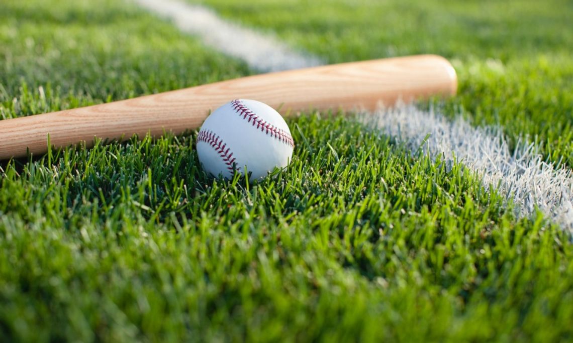 A wooden baseball bat is lying in the grass next to a baseball. A white stripe vertically appears in the grass.