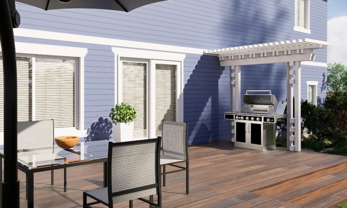 4 Ways To Produce More Shade for Your Outdoor Living Space The deck in the backyard of a home with a blue house has a dining table, grill, pergola, and umbrella.