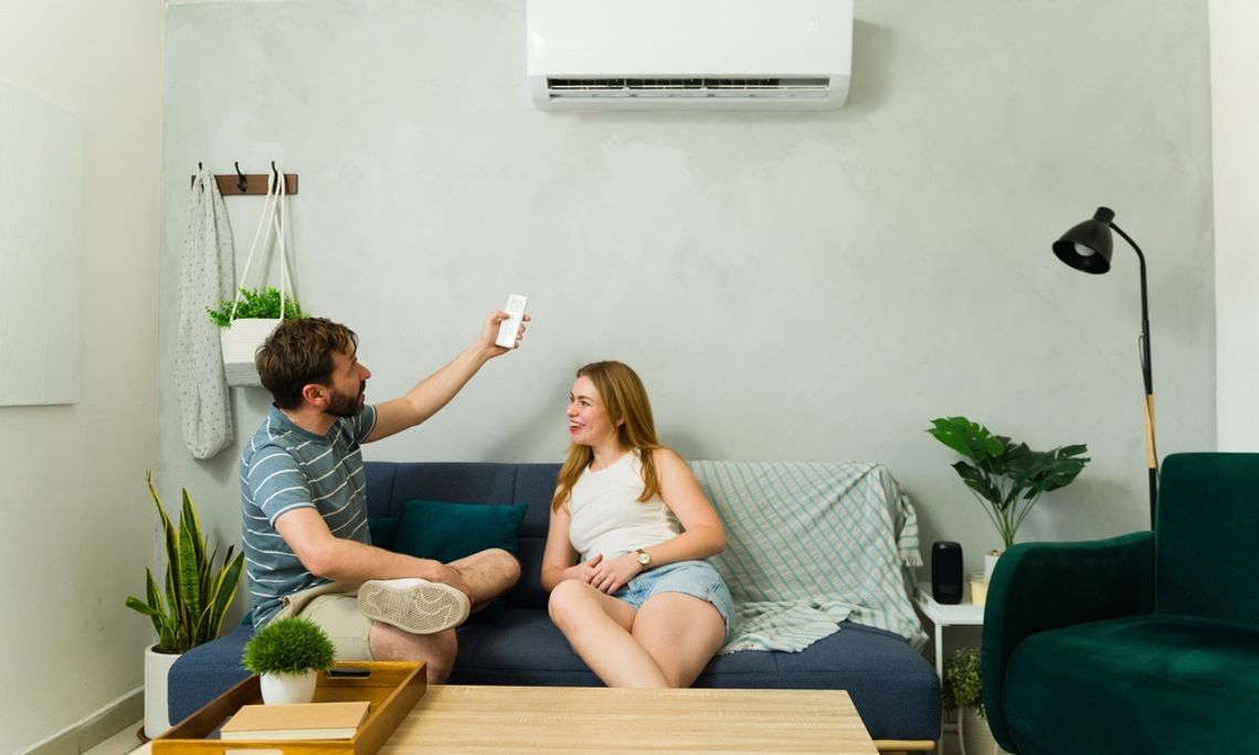 7 Things Homeowners Should Know About AC Run Times A man in a striped shirt holding an air conditioner remote while sitting beside a woman on a blue sofa in a living room.