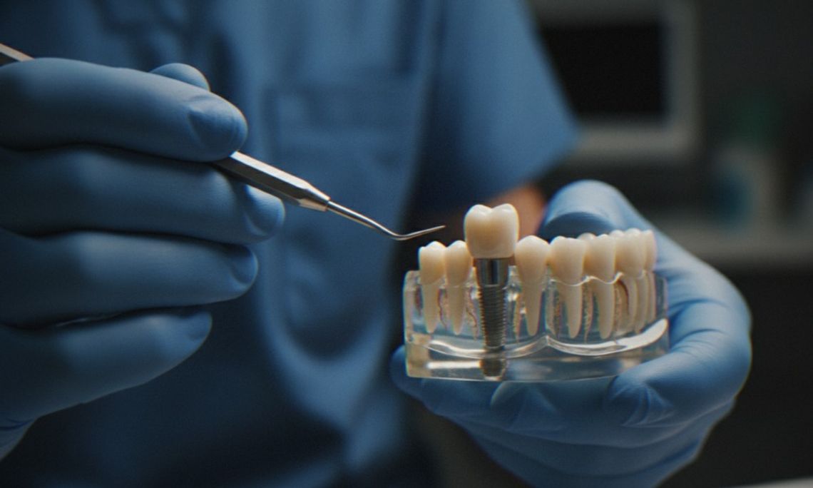Blue-gloved dental professional holds a model of teeth with a dental implant while pointing at it with a metal tool.