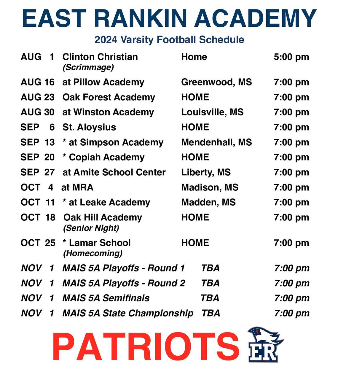 ERA Varsity Football schedule 2024