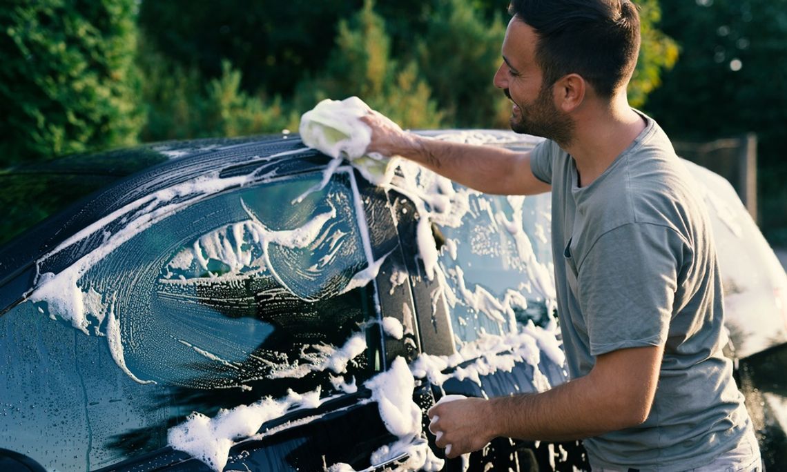 A smiling man in a gray shirt and jeans uses a soapy sponge to spread soap on a dark-colored vehicle.