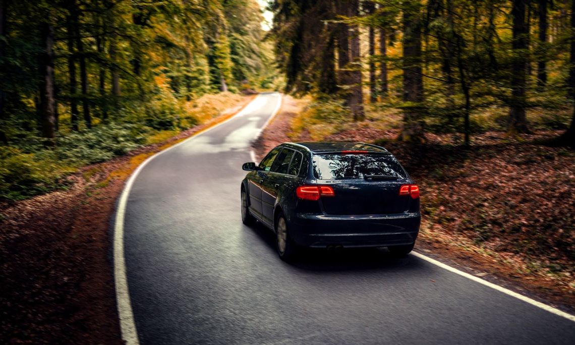 How To Prevent Connector Damage in Your Car A dark blue car driving on the road during the daytime. The road stretches through a forest with many trees.
