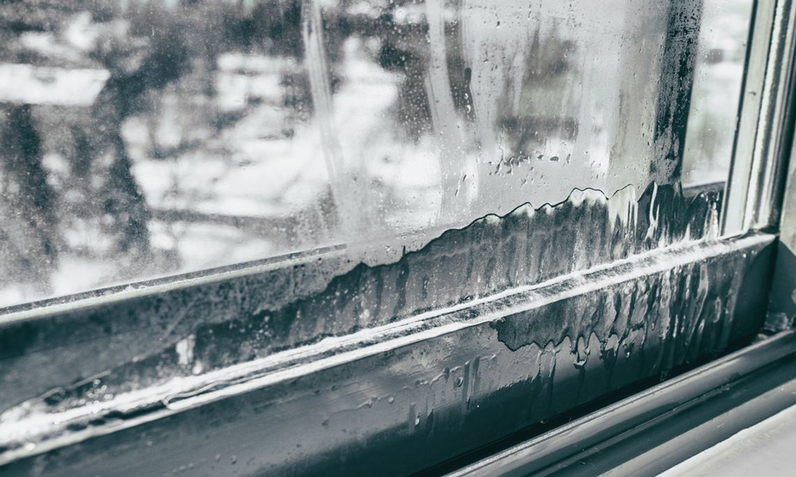 How Winter Makes Buildings More Prone to Leaks A frost-covered window with water droplets and icy buildup along the lower glass and sill, overlooking a snowy neighborhood.