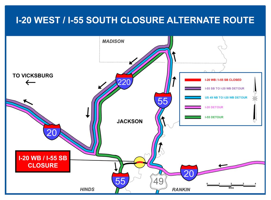 I-20 westbound/I-55 southbound to temporarily CLOSE in Jackson August 13