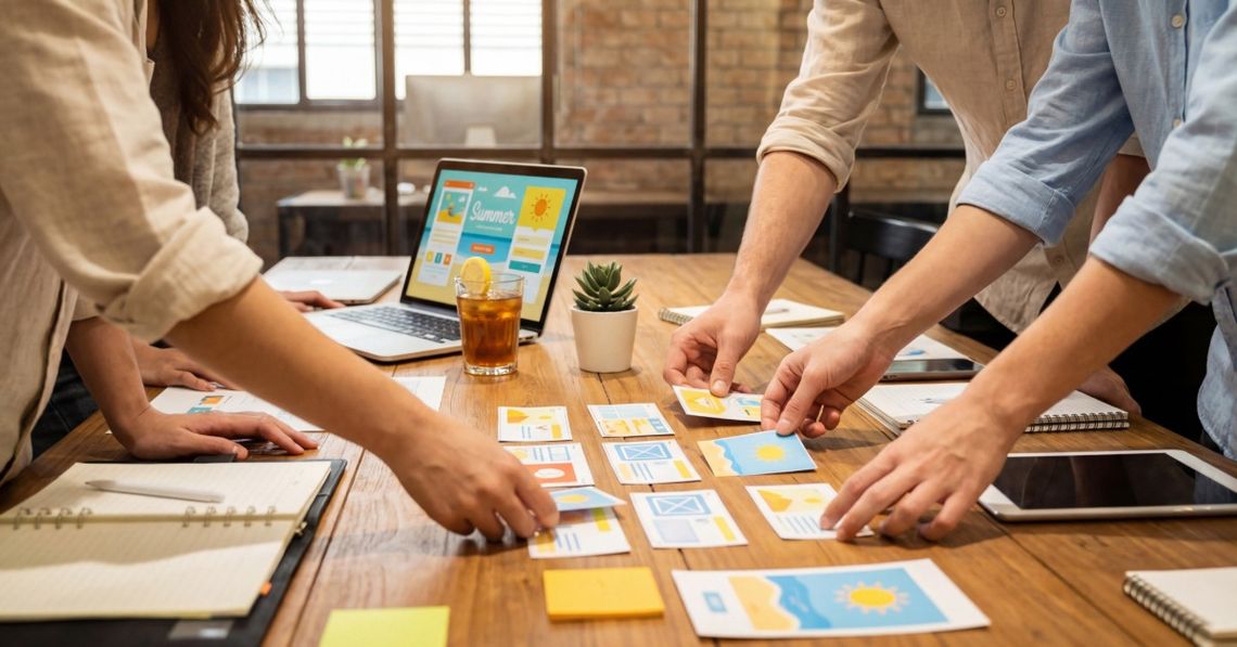 Marketing Strategies That Continue After the Sale A group of business leaders stand over a work table as they discuss marketing strategy for after a sale.