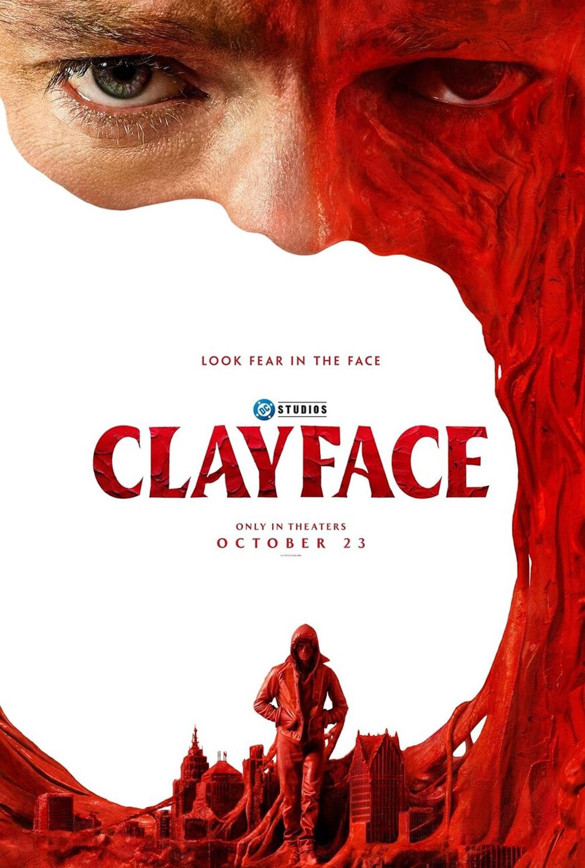 Movie poster for Clayface showing a man’s face half covered in red clay