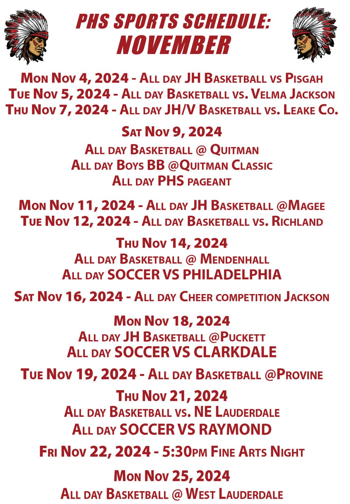 PHS Sports Games Schedule: November