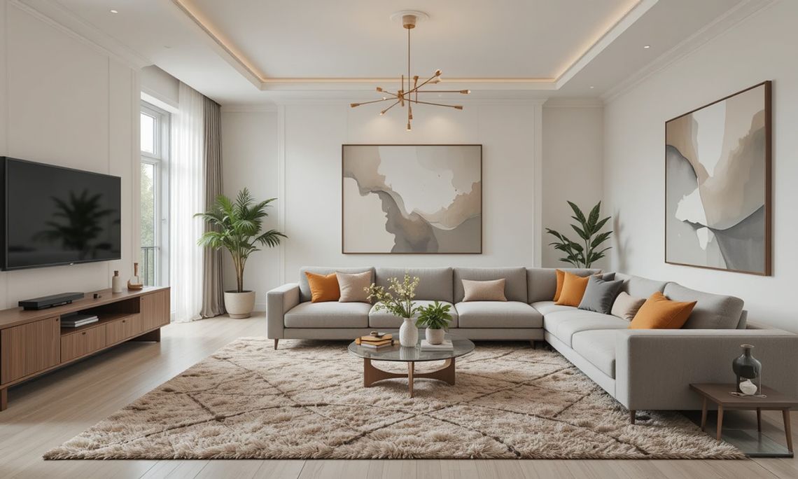 A living room features a gray sectional couch, a fuzzy rug, a round coffee table, artwork on the walls, and a television.