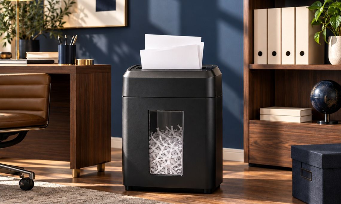 The Silent Dangers Involved With Paper Shredders A black paper shredder in an office has white sheets of paper in the opening and shredded strips in the bin.