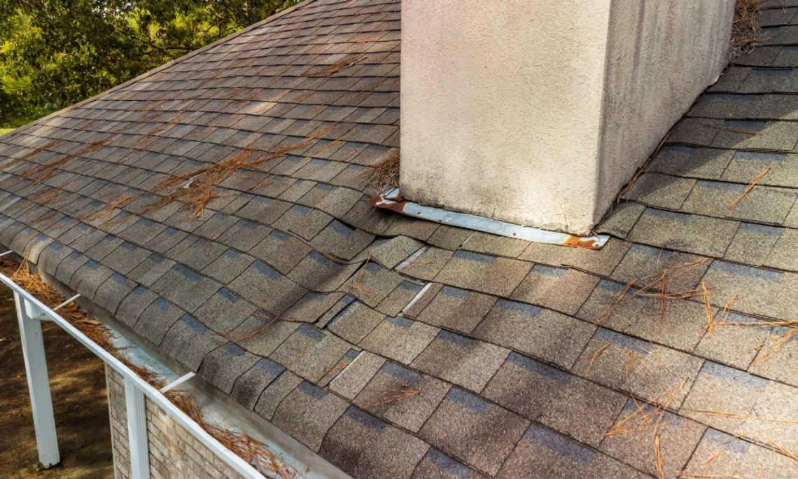Uncovering the Most Common Causes of Roof Leaks A weathered shingle roof with loose chimney flashing, scattered pine needles, and debris collected in the gutter.