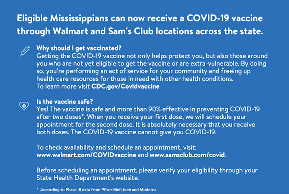 Walmart Pharmacies in Mississippi to Administer COVID-19 Vaccines Through New Federal Retail Pharmacy Program