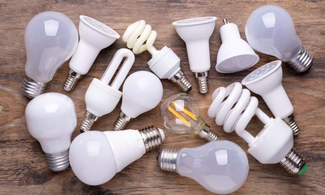 What Types of Lightbulbs Should You Use in Your Fixtures? A variety of white light bulbs in different shapes and sizes arranged together across a brown wooden surface.