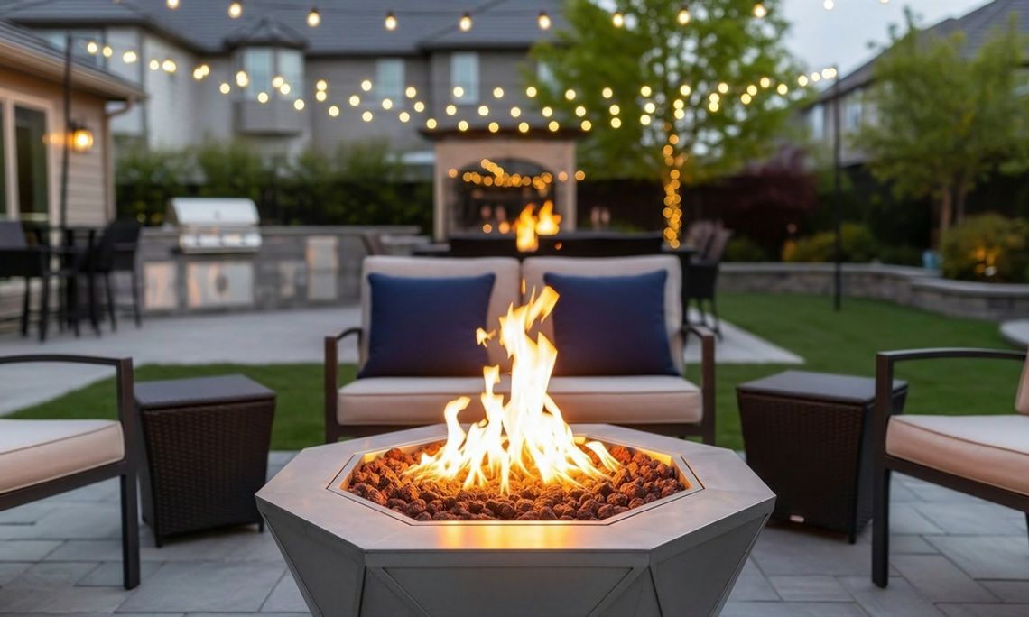 A backyard with a bonfire lit in the middle of some chairs. In the background is a grill and a patio.