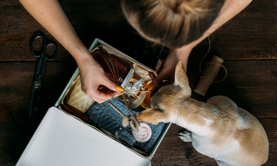 Why Subscription Boxes Need a Better First Moment A woman sitting at a table and opening a package with different products inside. A dog sits next to the package.
